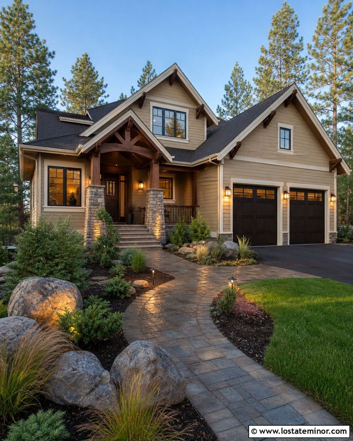 Tan House With Stone Columns And Uplighting - 30 Tan House Design With Lighting Ideas