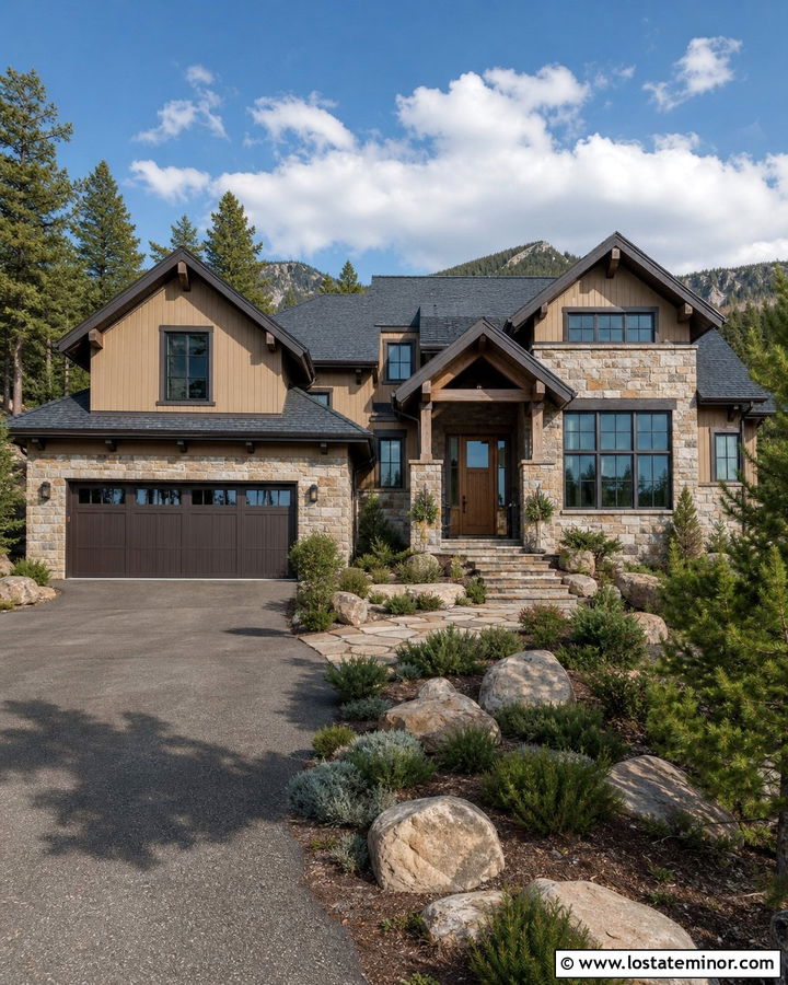 Tan House With Stone Garage Surround - 30 Tan House Design With Garage Door Ideas