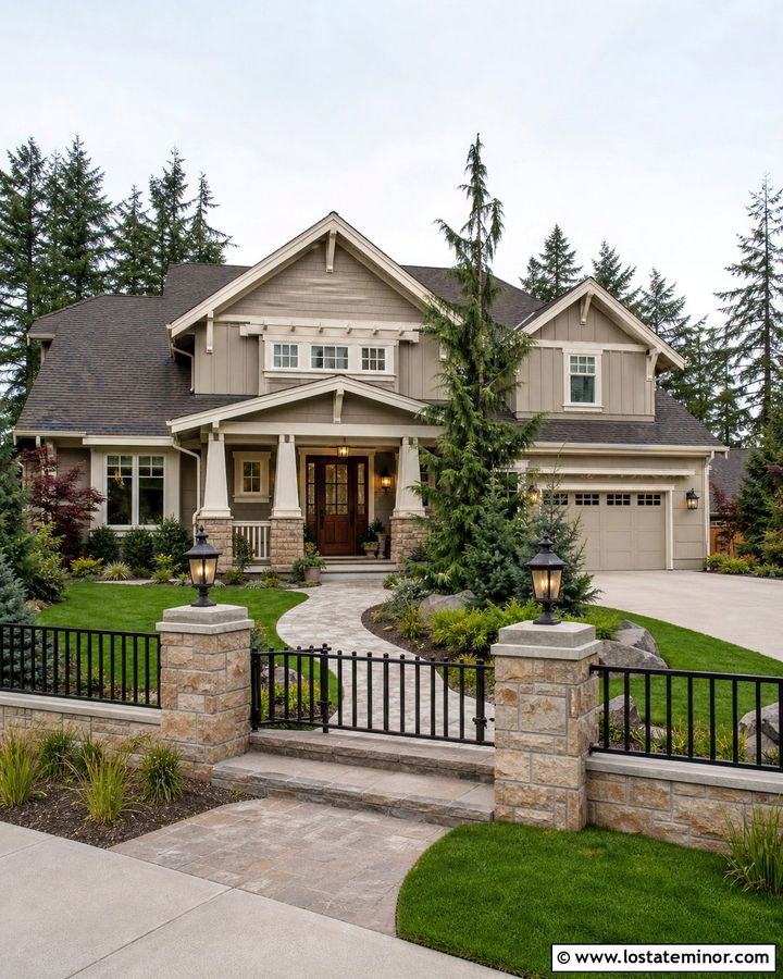 Tan House With Stone Pillar Fence - 30 Tan House Design With Fence Ideas