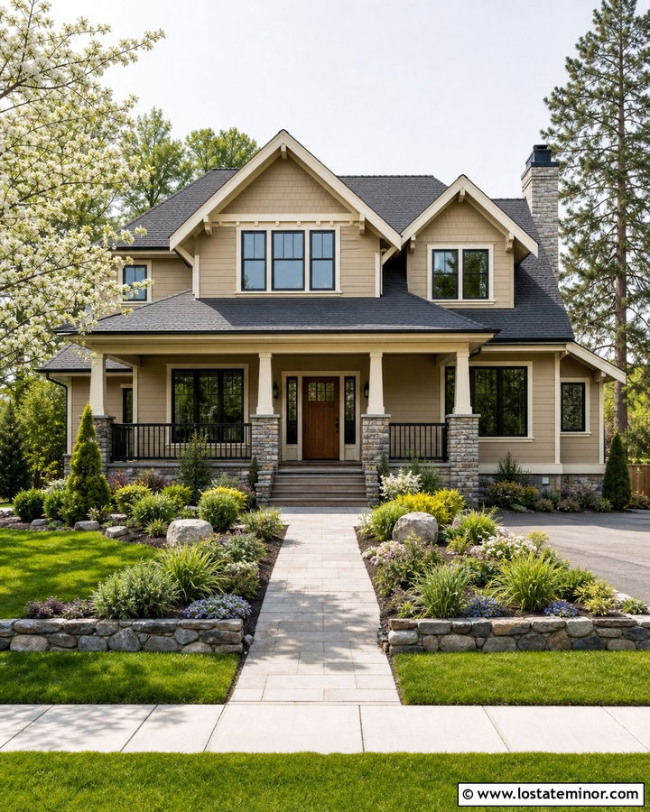 Tan House With Stone Porch And Black Railings - 30 Tan House Design With Railings Ideas