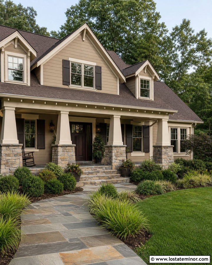 Tan House With Stone Porch And Dormers - 30 Tan House Design With Dormers Ideas