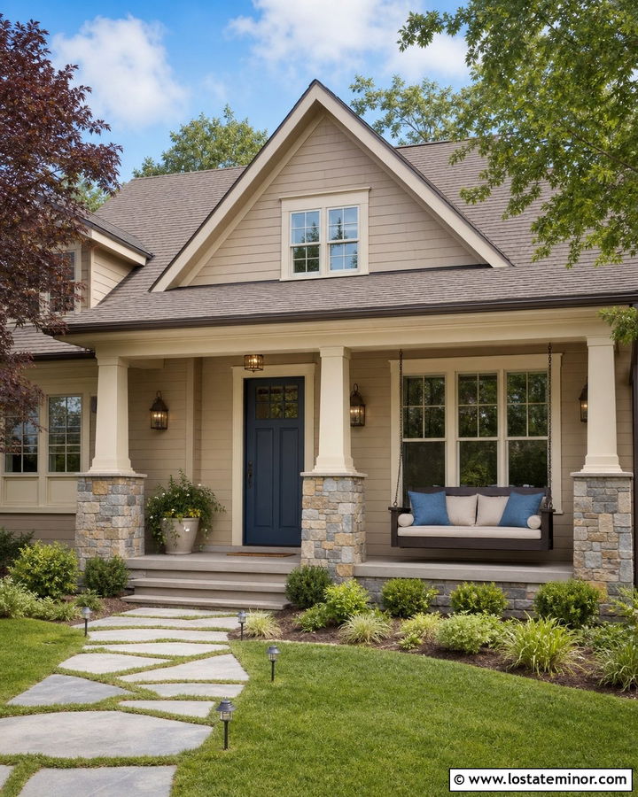 Tan House With Stone Porch And Swing - 30 Tan House Design With Swing Ideas
