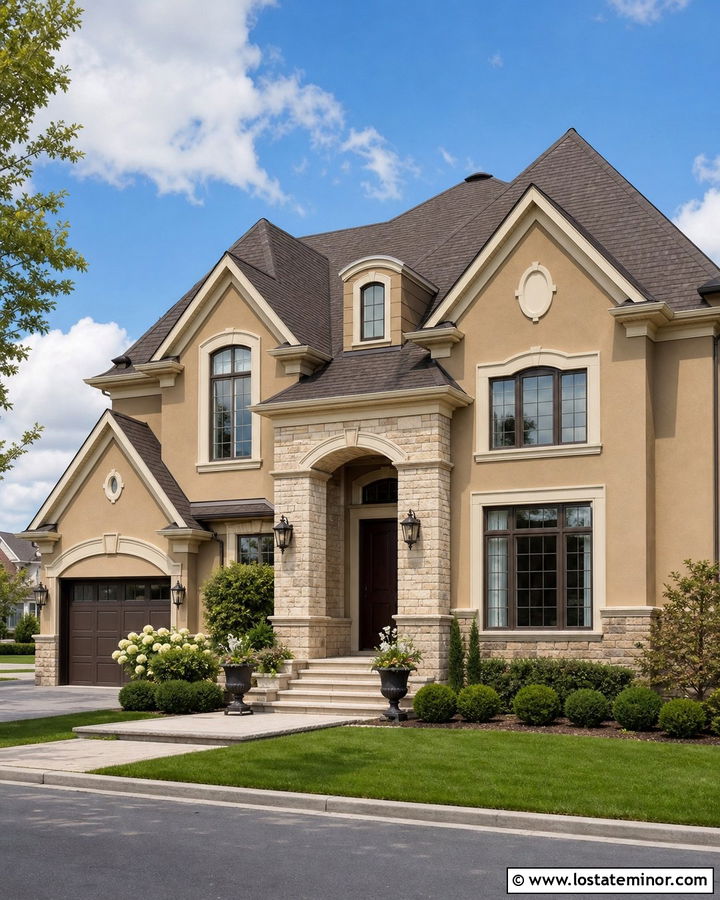 Tan House With Stone Porch Arch - 30 Tan House Design With Stone Accents Ideas