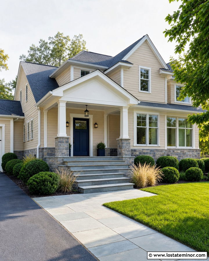 Tan House With Stone Portico Steps - 30 Tan House Design With Portico Ideas