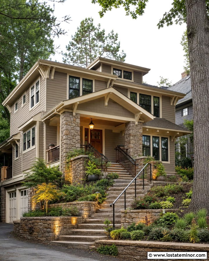 Tan House With Stone Retaining Walls - 30 Tan House Design With Stone Accents Ideas