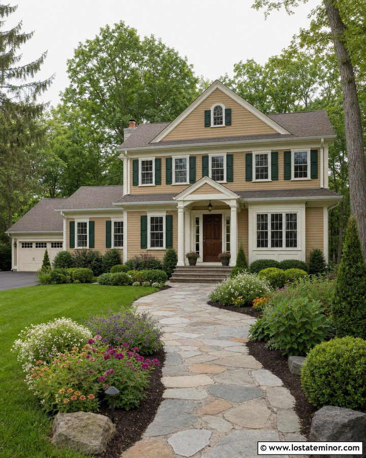 Tan House With Stone Walkway And Layered Planting - 30 Tan House Design With Landscaping Ideas