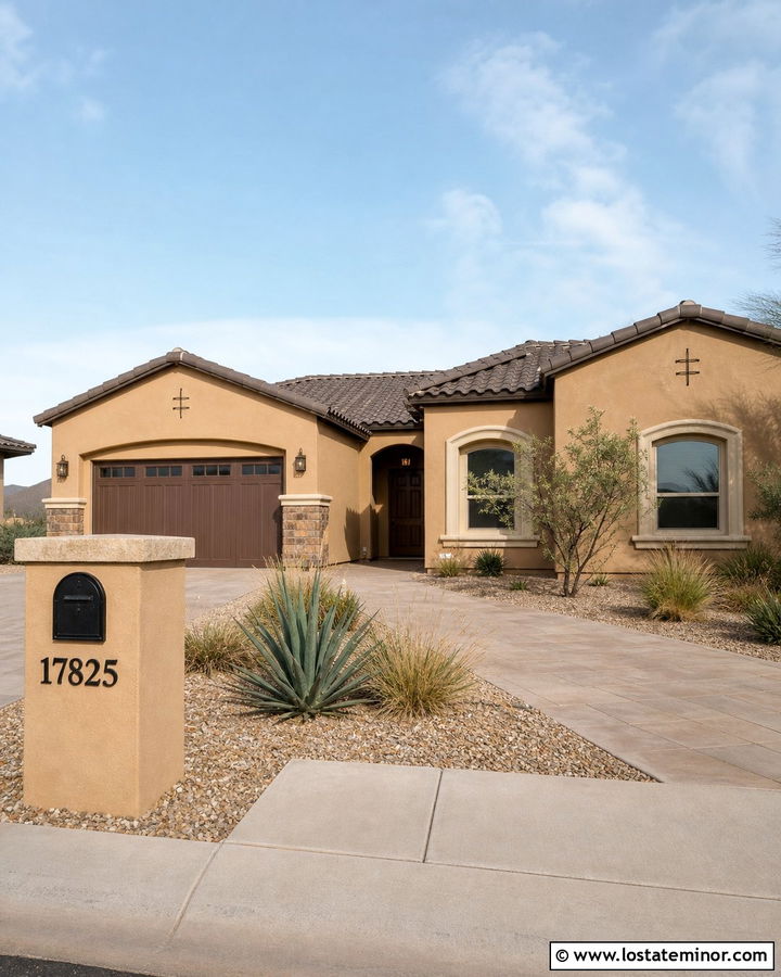 Tan House With Stucco Mailbox Column - 30 Tan House Design With Mailbox Ideas