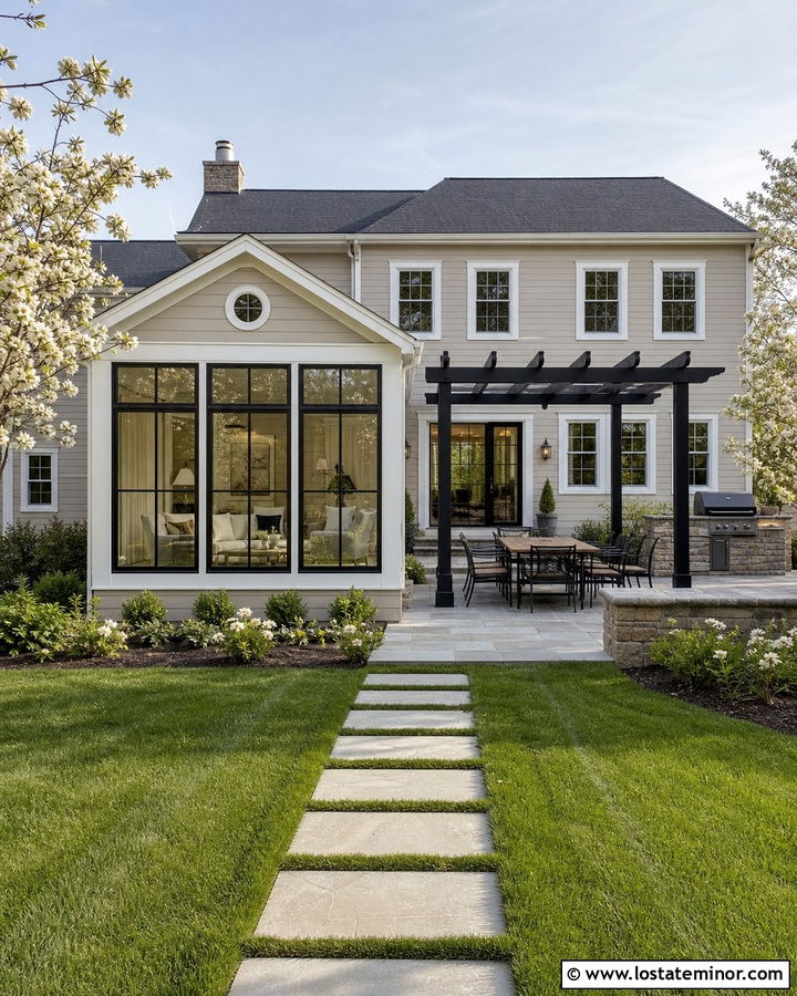 Tan House With Sunroom And Patio - 30 Tan House Design With Backyard Ideas