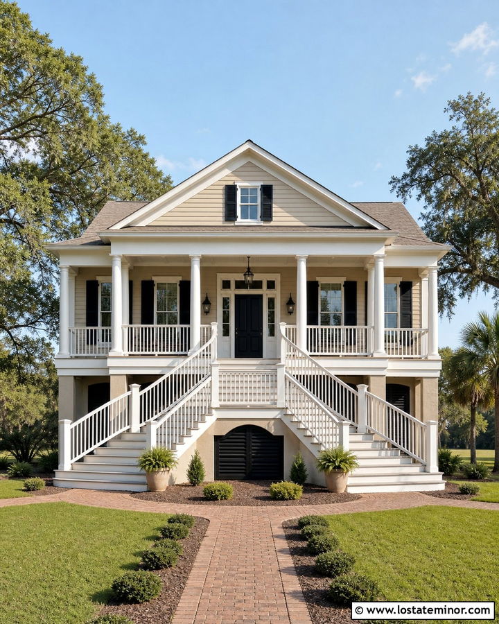 Tan House With Symmetrical Double Steps - 30 Tan House Design With Steps Ideas