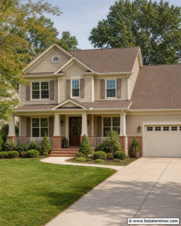 Tan House With Taupe Shutters And Red Brick - 30 Tan House Design With Shutters Ideas