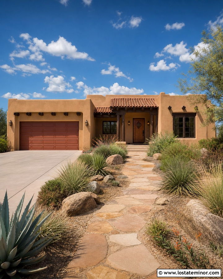 Tan House With Terracotta Garage Door - 30 Tan House Design With Garage Door Ideas