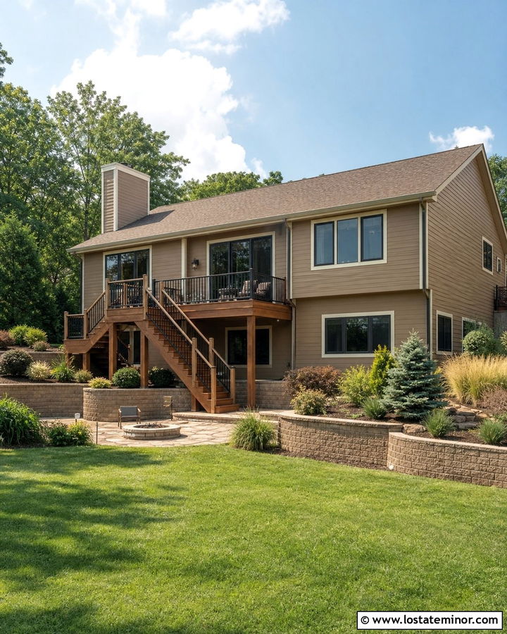Tan House With Tiered Sloped Backyard - 30 Tan House Design With Backyard Ideas