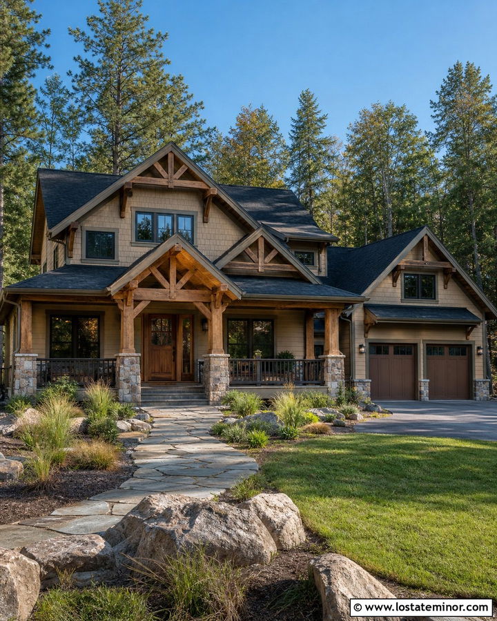 Tan House With Timber Frame Porch Columns - 30 Tan House Design With Porch Columns Ideas