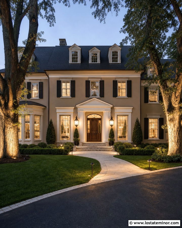 Tan House With Tree Uplighting And Entry Lanterns - 30 Tan House Design With Lighting Ideas