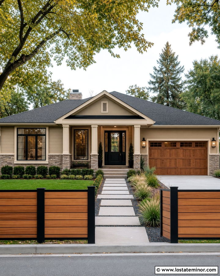 Tan House With Two Tone Fence - 30 Tan House Design With Fence Ideas