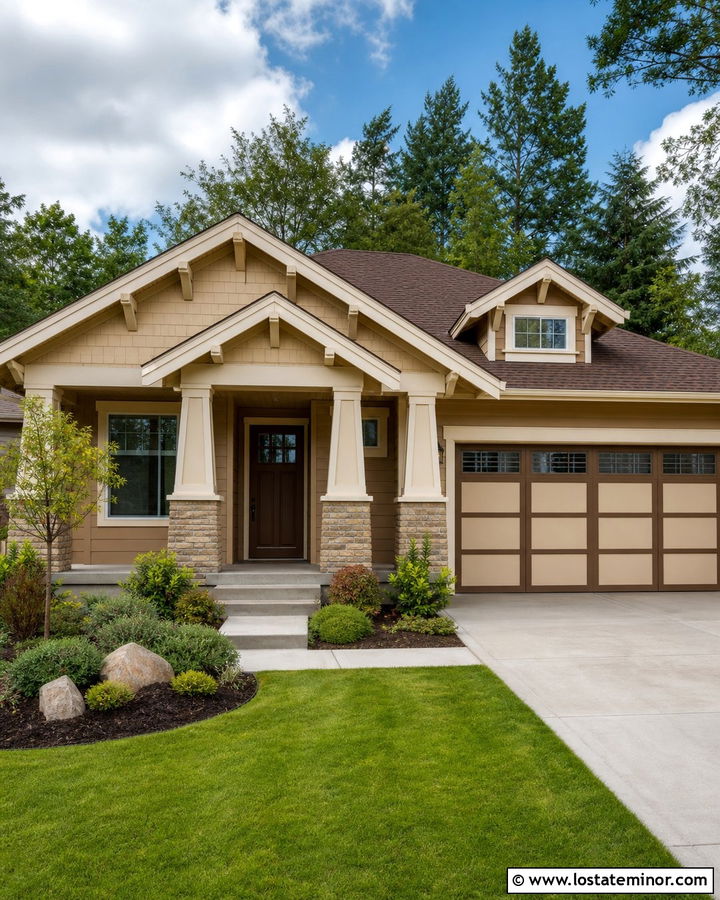 Tan House With Two Tone Garage Door - 30 Tan House Design With Garage Door Ideas