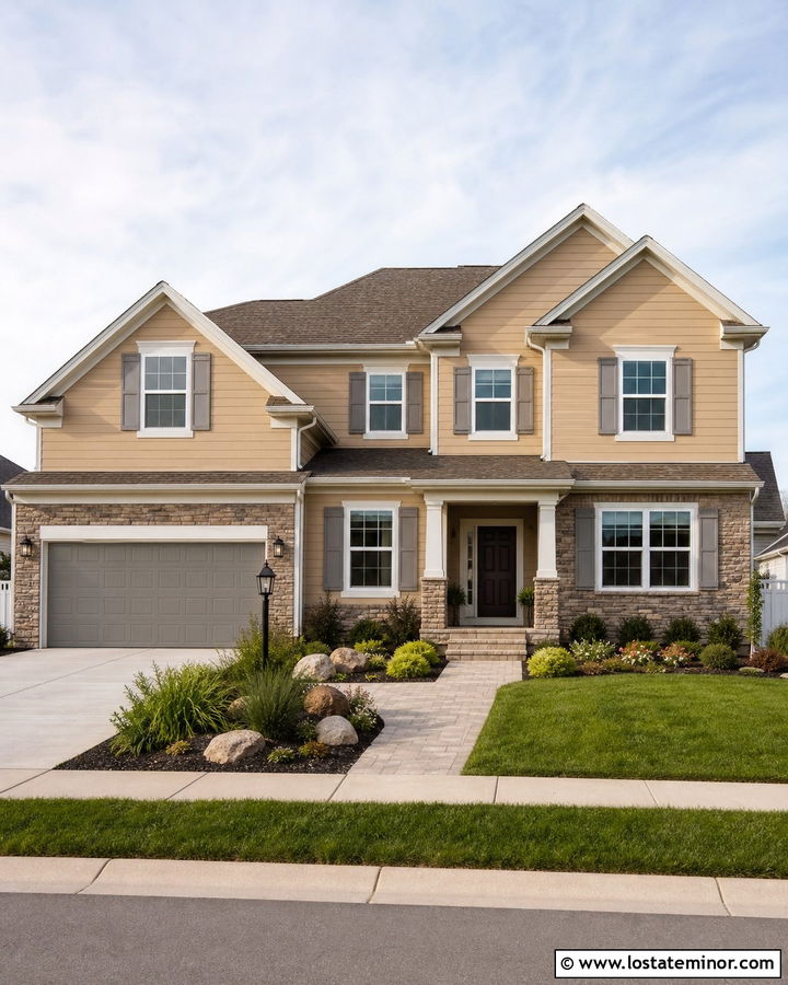 Tan House With Warm Gray Garage Door - 30 Tan House Design With Garage Door Ideas