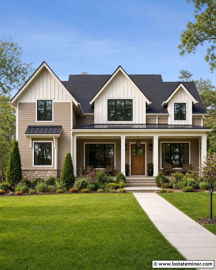 Tan House With White Board And Batten Dormers - 30 Tan House Design With Dormers Ideas