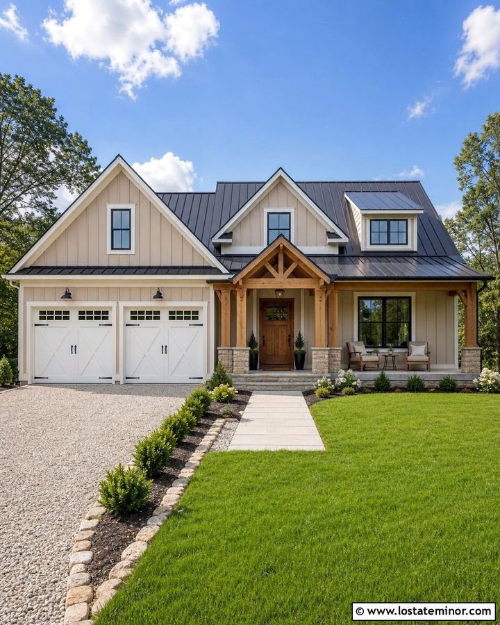 Tan House With White Carriage Garage Door - 30 Tan House Design With Garage Door Ideas