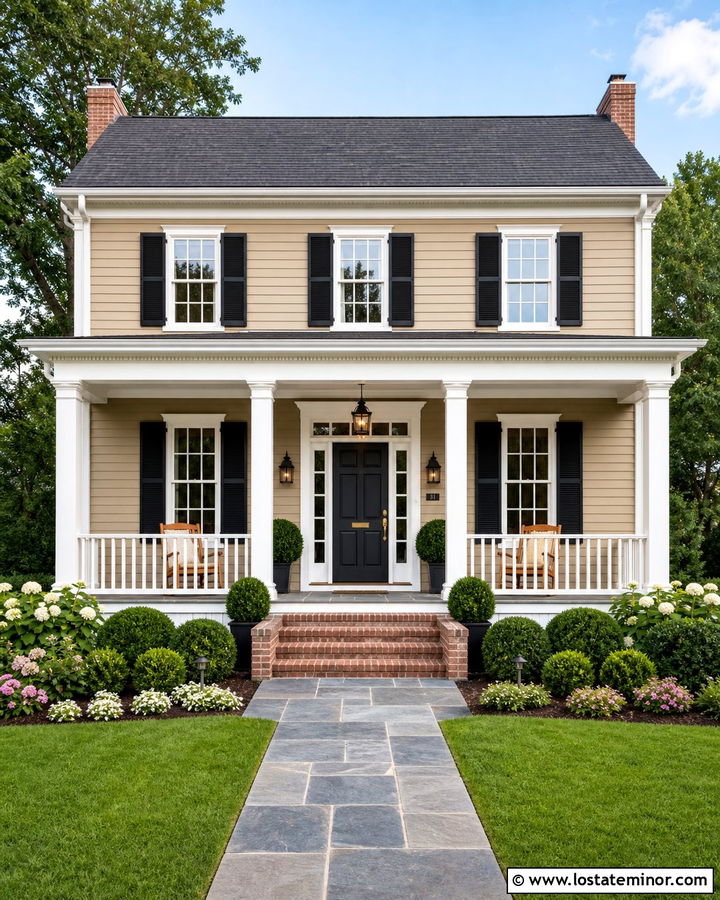 Tan House With White Columns And Black Shutters - 30 Tan House Design With Porch Columns Ideas