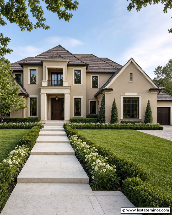 Tan House With White Limestone Walkway - 30 Tan House Design With Walkway Ideas