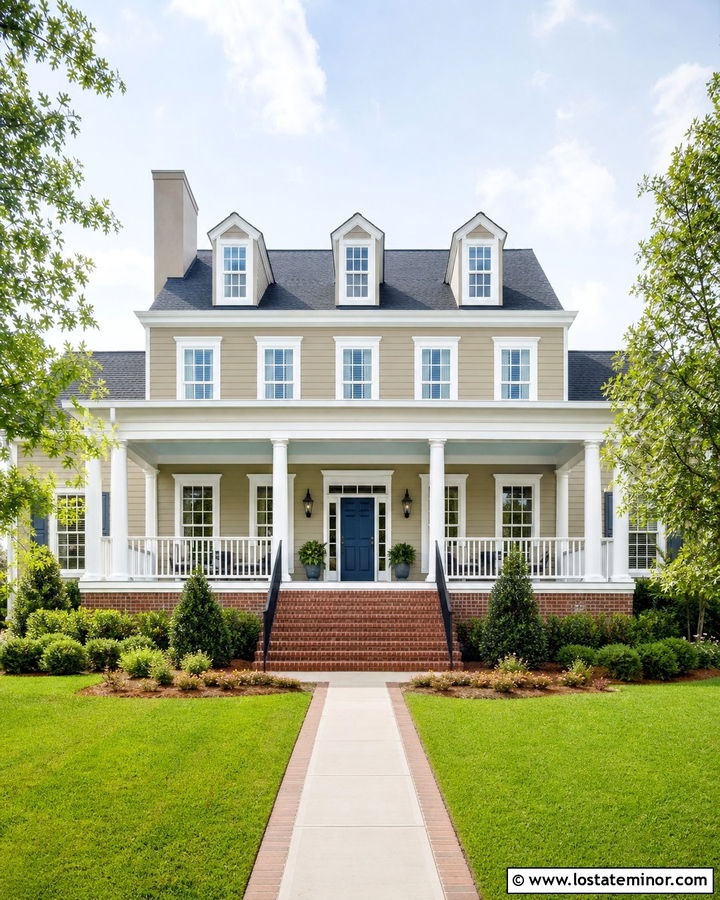 Tan House With White Porch Columns - 30 Tan House Design With Accents Ideas