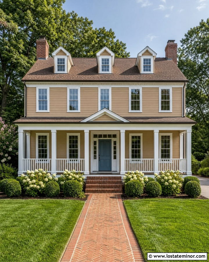 Tan House With White Porch Railings - 30 Tan House Design With Railings Ideas