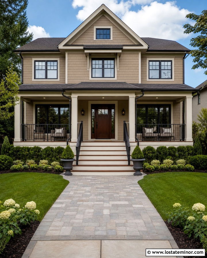 Tan House With White Risers And Wood Treads - 30 Tan House Design With Steps Ideas