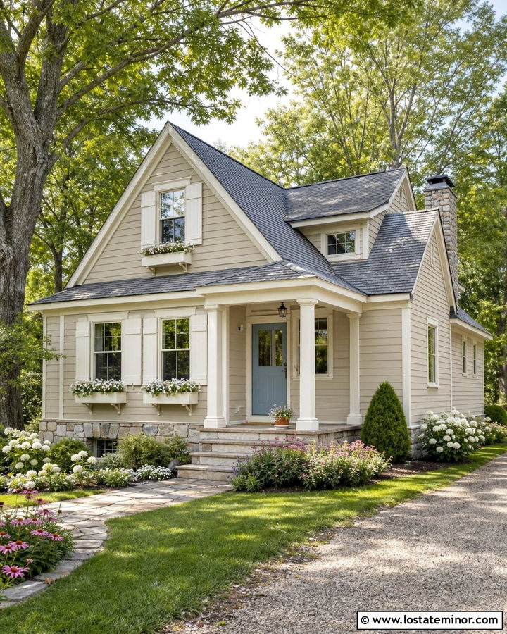 Tan House With White Shutters And Blue Door - 30 Tan House Design With Shutters Ideas