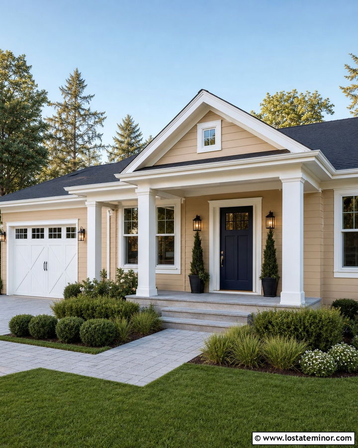 Tan House With White Square Porch Columns - 30 Tan House Design With Porch Columns Ideas