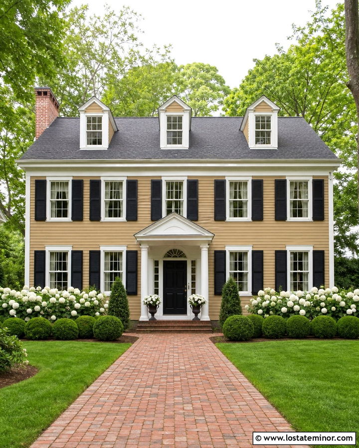 Tan House With White Trim And Boxwood Landscaping - 30 Tan House Design With Landscaping Ideas