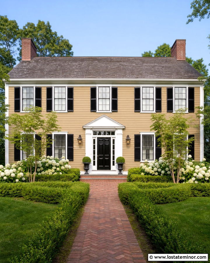 Tan House With White Trim And Boxwood Landscaping - 30 Tan House Design With Front Yard Ideas