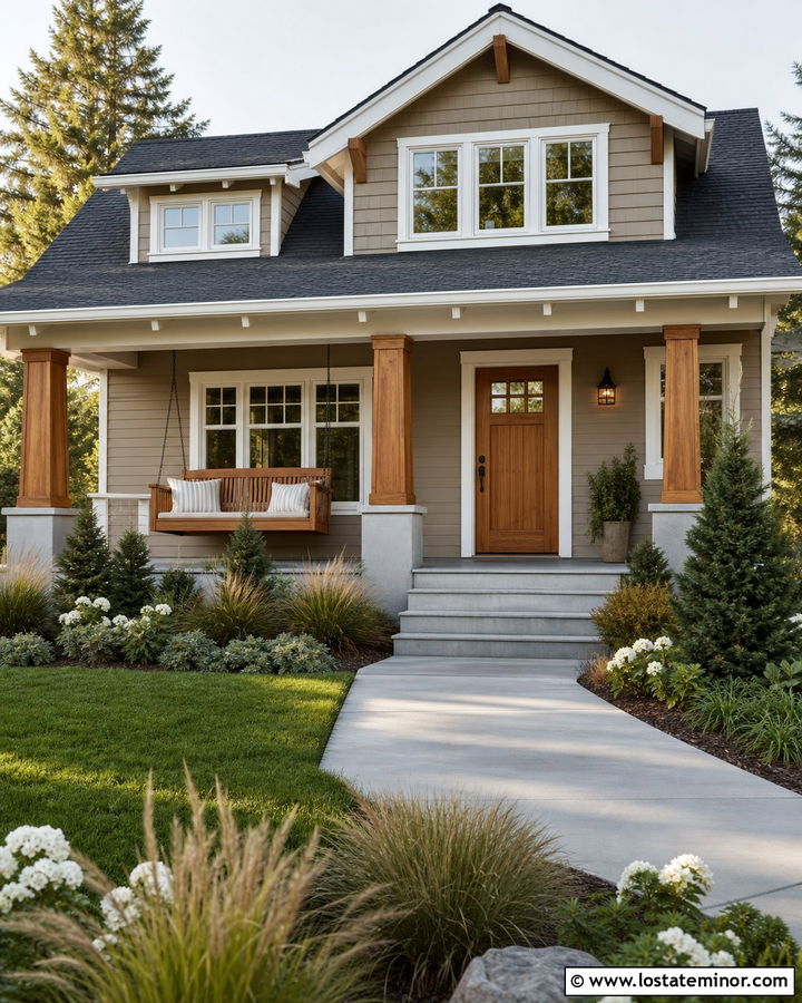 Tan House With White Trim And Cedar Swing - 30 Tan House Design With Swing Ideas