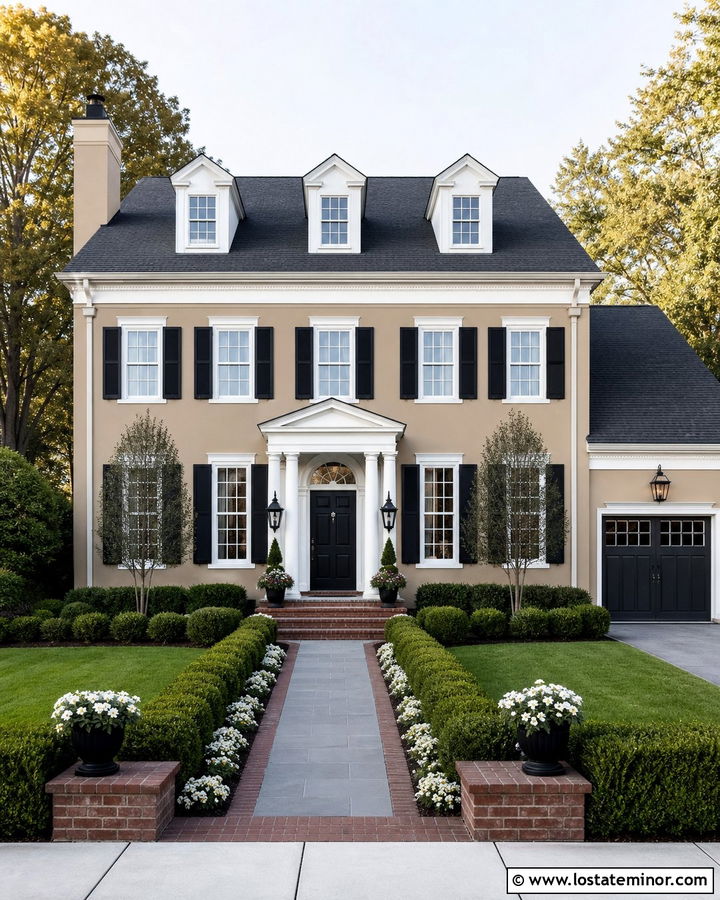 Tan House With White Trim And Coach Lights - 30 Tan House Design With Lighting Ideas