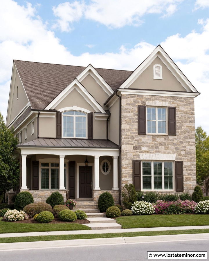 Tan House With White Trim And Fieldstone - 30 Tan House Design With Stone Accents Ideas