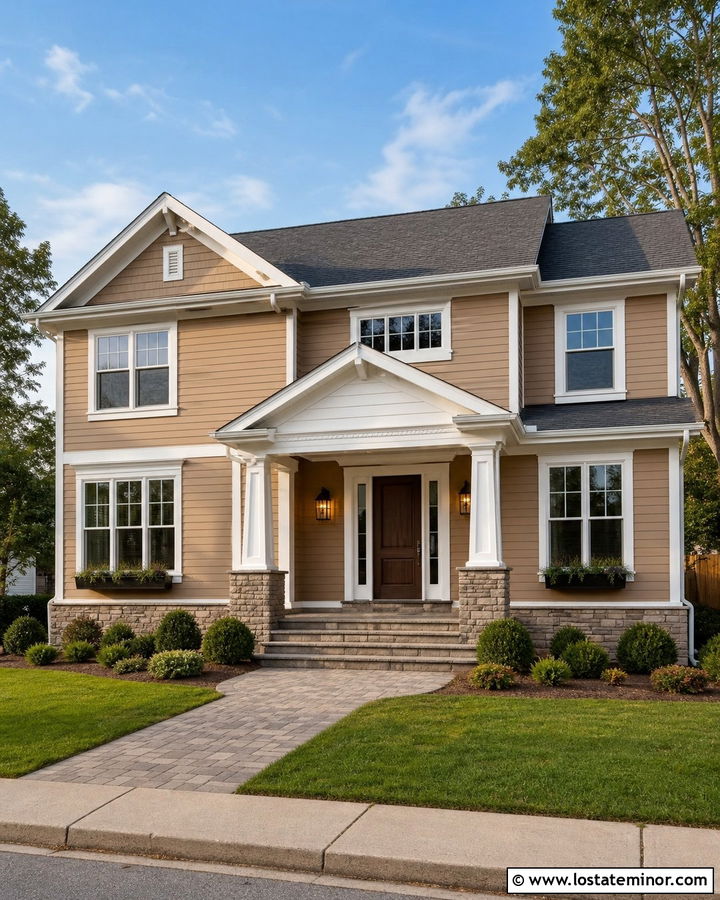 Tan House With White Trim Portico - 30 Tan House Design With Portico Ideas