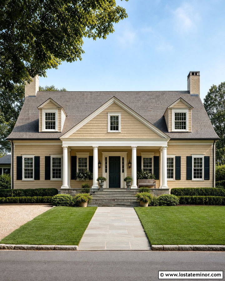 Tan House With Wide Portico - 30 Tan House Design With Portico Ideas