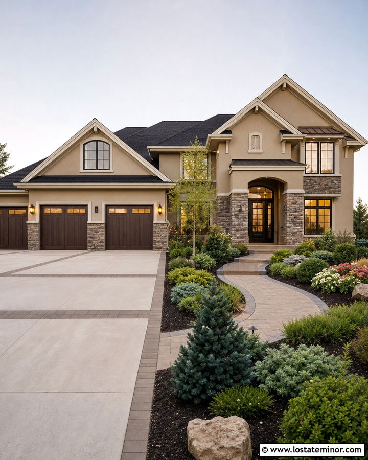 Tan House With Wide Three Car Driveway - 30 Tan House Design With Driveway Ideas