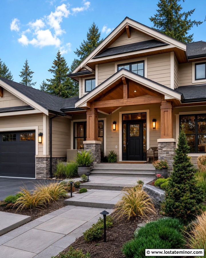 Tan House With Wood And Metal Lights - 30 Tan House Design With Light Fixtures Ideas