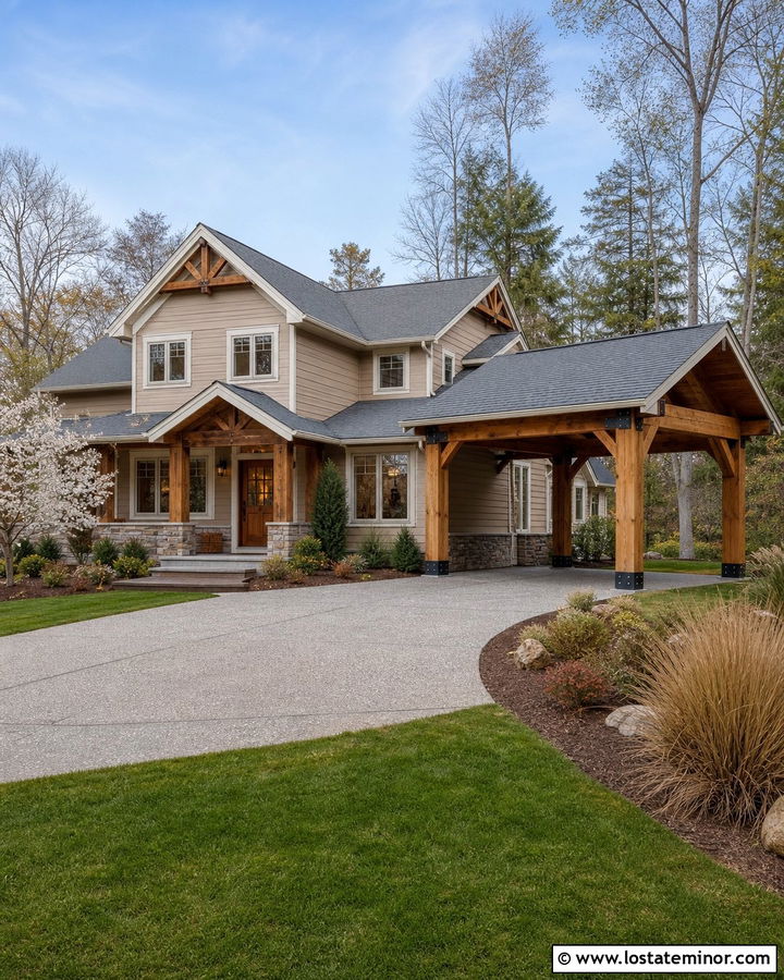 Tan House With Wood Carport Posts - 30 Tan House Design With Carport Ideas