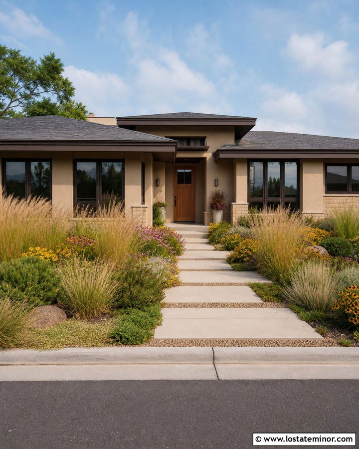 Tan House With Wood Door And Prairie Landscaping - 30 Tan House Design With Landscaping Ideas
