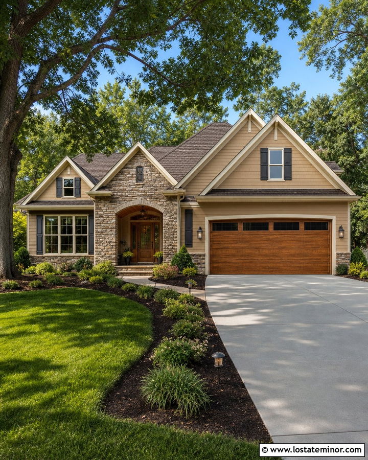 Tan House With Wood Grain Steel Garage Door - 30 Tan House Design With Garage Door Ideas