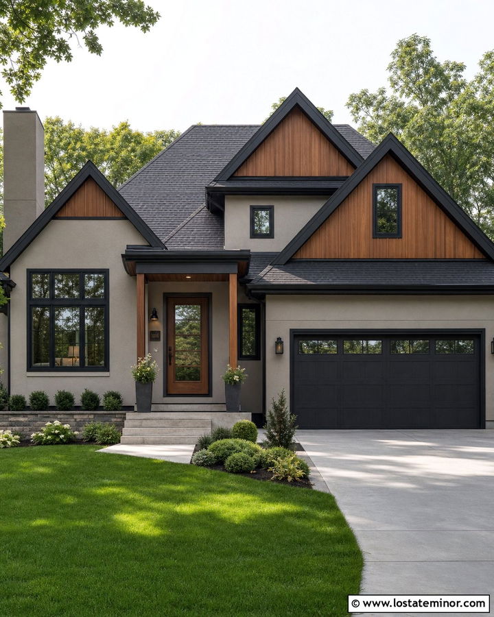Tan House With Wood Look Storm Door And Black Trim - 30 Tan House Design With Storm Door Ideas