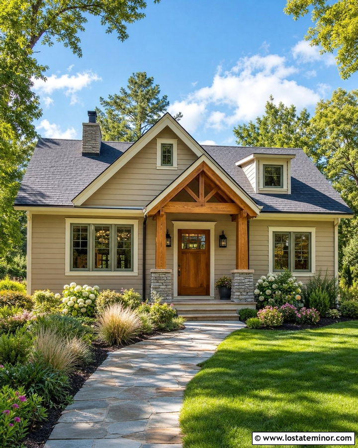 Tan House With Wood Post Portico - 30 Tan House Design With Portico Ideas