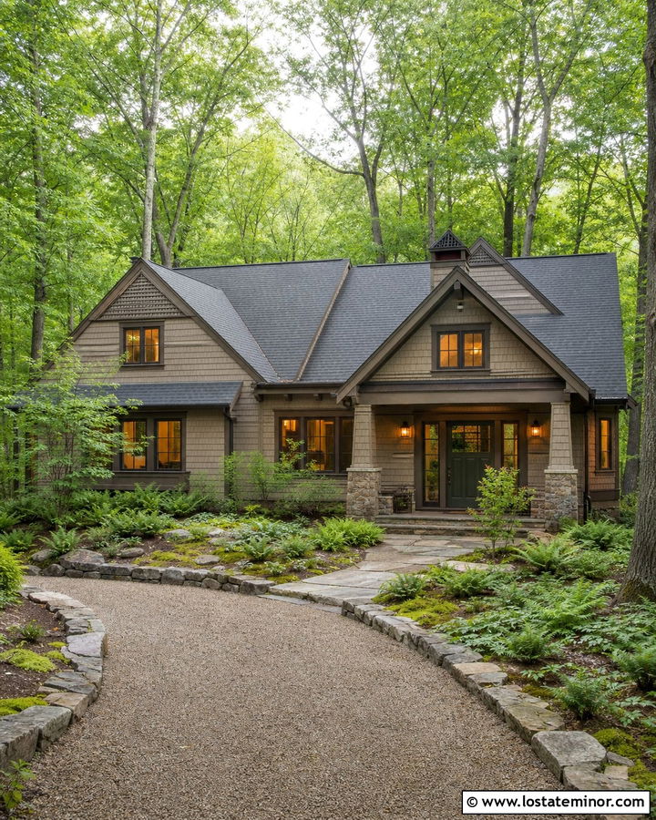 Tan House With Wooded Driveway - 30 Tan House Design With Driveway Ideas