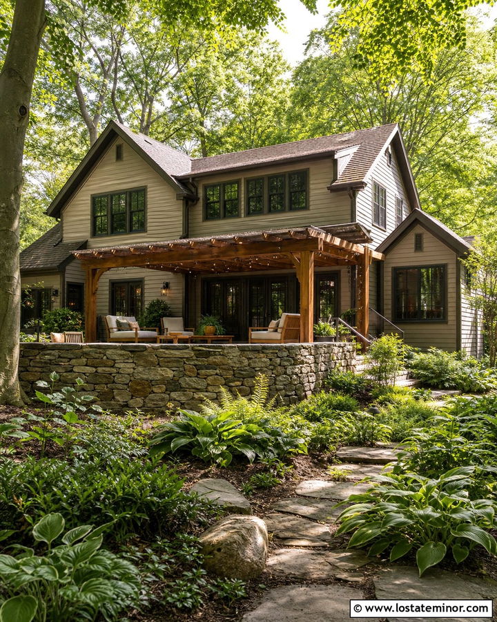 Tan House With Woodland Stone Terrace - 30 Tan House Design With Backyard Ideas