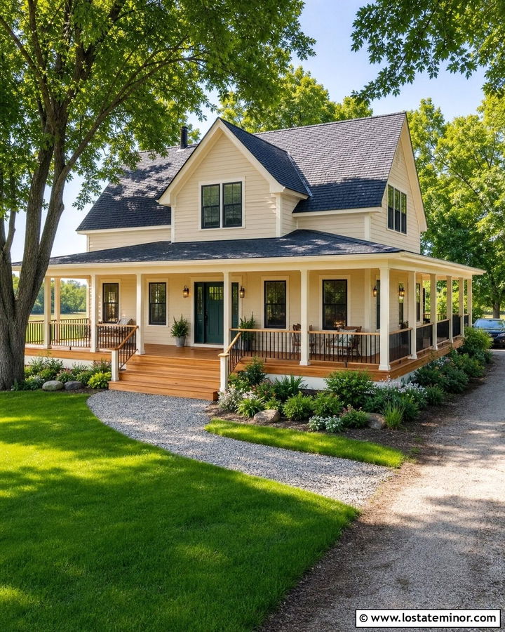 Tan House With Wraparound Cedar Deck - 30 Tan House Design With Deck Ideas