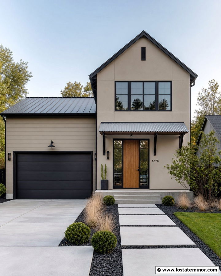 Tan Industrial House With Galvanized Steel Awning - 30 Tan House Design With Awning Ideas