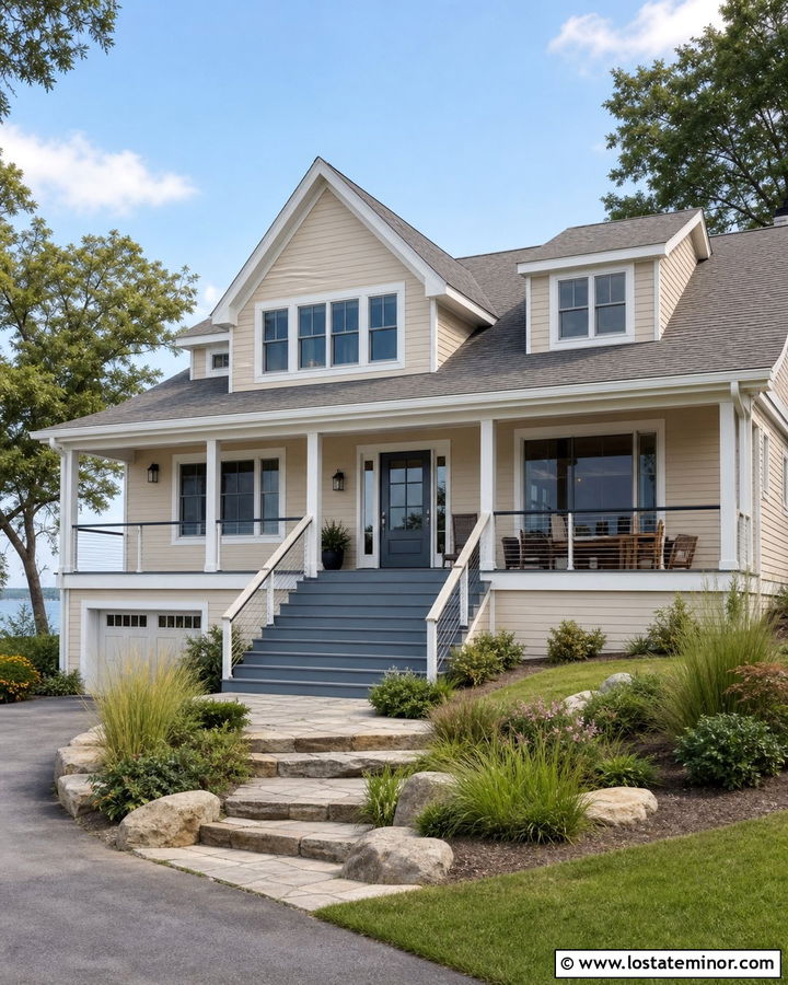 Tan Lake House With Blue Gray Deck - 30 Tan House Design With Deck Ideas