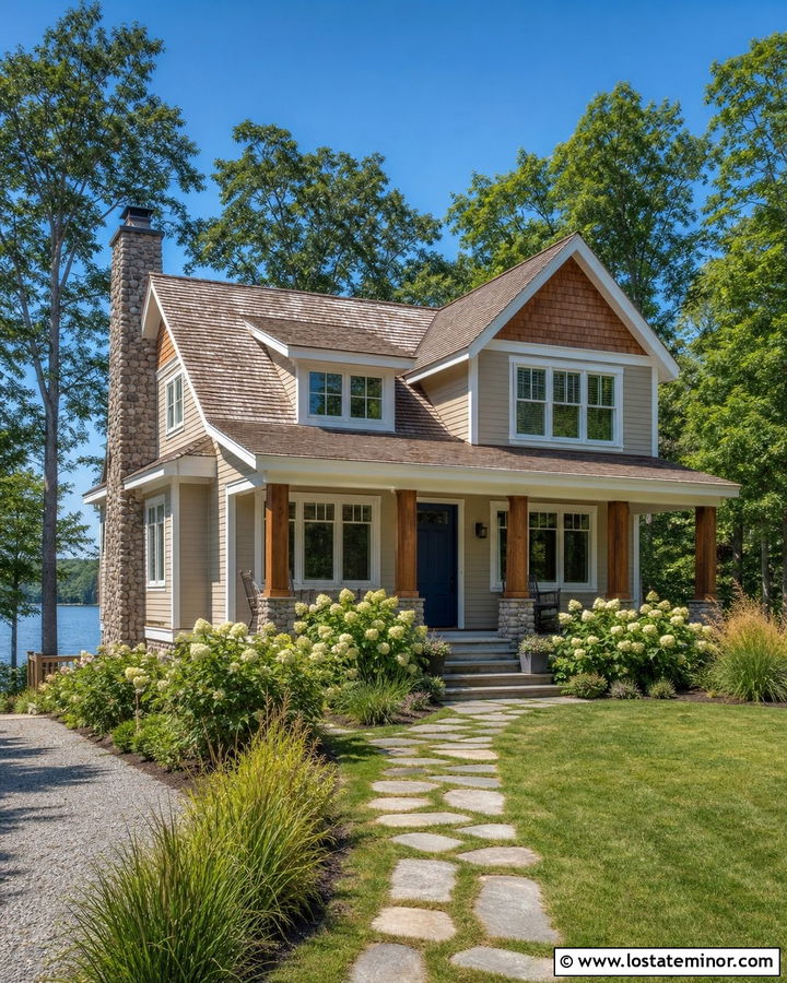 Tan Lake House With Cedar Brown Shingles - 30 Tan House Design With Shingles Ideas